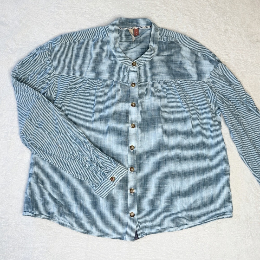 Anthropologie Pilcro Peasant Blue Stripe Button Down Boho Shirt XS Coastal